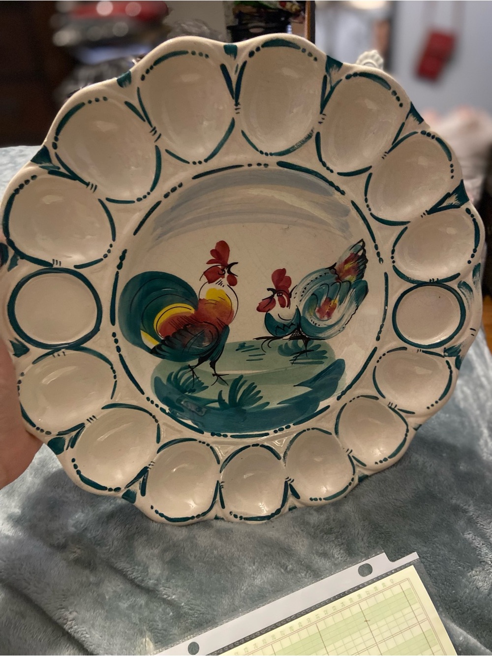 Hand-Painted Ceramic Egg Plate with Rooster Motif in Teal and White